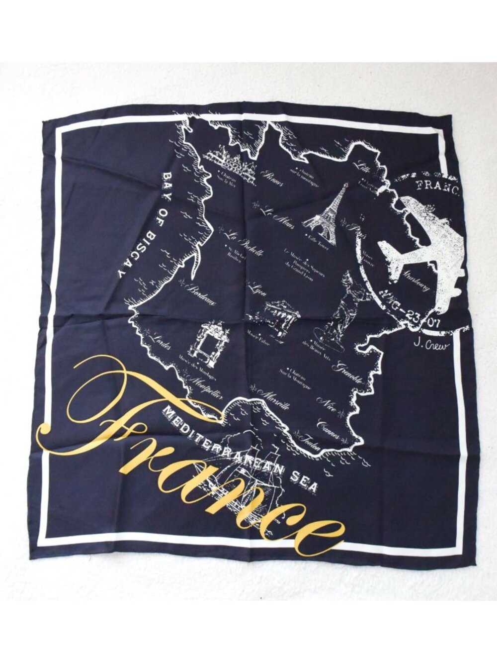 *J.Crew*  Black Scarf with "France" Map. Worn ONCE.
